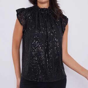 STS Sail to Sable Black Sequin Ruffle Neck Top Flutter Sleeves Size Small